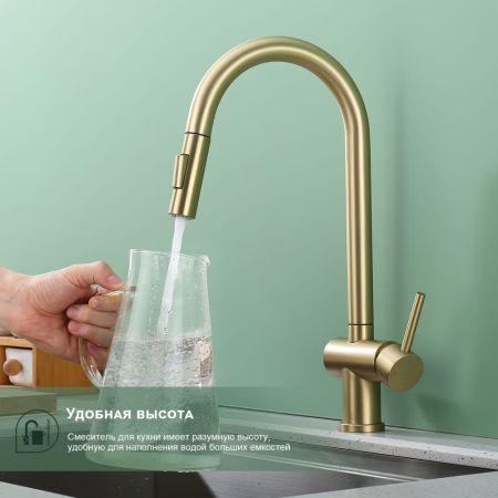 Смеситель для кухни с выдвижным изливом Splenka S204.49.03, золотой сатин