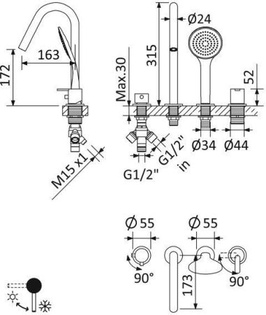 Смеситель на борт ванны LEAF-BVDM4-L, артикул LEAF-BVDM4-L-NOP