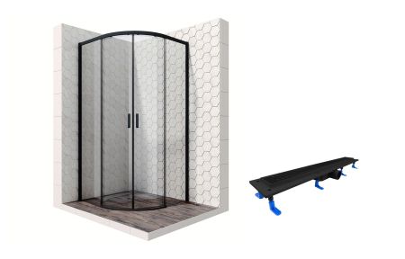 Душевой уголок Ambassador Queen Black 11011201-ST9, полукруглый, линейный трап, 90х90, артикул 11011201-ST9