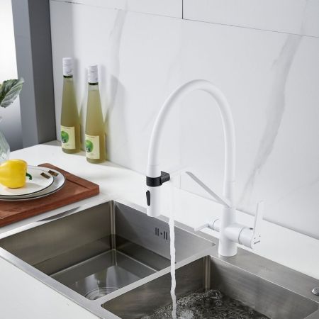 Смеситель для кухни с гибким изливом и подключением фильтра Shevanik S278C, белый, артикул S278C