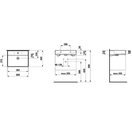 Laufen Kartell Раковина 600х460х120мм с 1 отв. под смеситель, с покр. LLC, цвет: белый