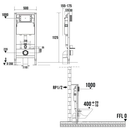 Пневматическая система инсталляции для подвесного унитаза 4 в 1 Terminus, с клавишей, артикул 33iP50х112R