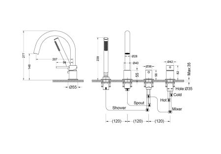Смеситель на борт ванны на 4 отв. AQUATEK AQ1348CR ЕВРОПА, артикул AQ1348CR