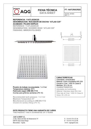 AQG, душевая квадратная ультраплоская антикальковая головка ATLACC 25х25 см, цвет хром