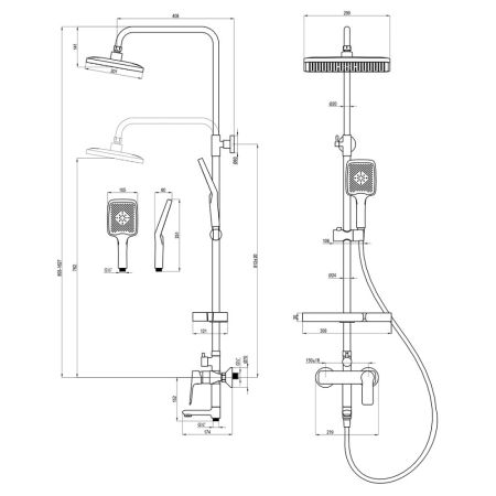 Дущевая система Rossinka  с регулируемой высотой штанги, поворотным изливом и лейкой "Тропический дождь" (RS-46BL), артикул RS27-46BL