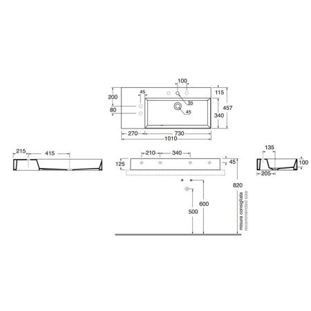 AZZURRA ELEGANCE Squared Раковина подвесная/накладная  102х46х12.5см c отв. под смеситель , цвет белый, артикул ELLP10246LQM*1