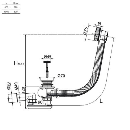 W90A-000-OflB слив-перелив для ванны, длина 600 мм, полуавтомат, черный