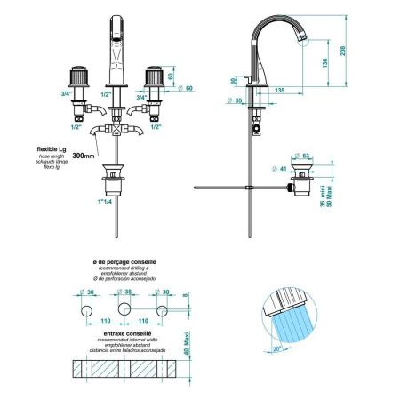 THG JAIPUR METAL Смеситель для раковины на 3 отверстия, с донным клапаном, цвет хром, артикул A9F-A02-151