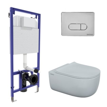 Комплект BERGES для монтажа  подвесного унитаза: инсталляция NOVUM525, кнопка D3 хром глянец, унитаз EGO XL Rimless, сидение дюропласт Toma Slim SO, микролифт, быстросьем