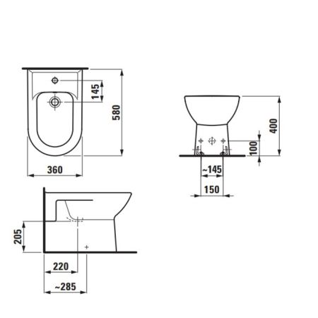 Laufen Pro Биде напольное 580x360x400 мм, отверстие для смесителя по центру, боковые отверстия для подвода воды, белый, артикул 8.3295.1.000.304.1