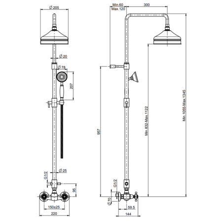 FIMA|Carlo Frattini Elizabeth Смеситель для душа внешнего монтажа, с душевой штангой, верхним душем Ø 200 мм. и душевым комплектом, цвет золото, артикул F5085/2OR