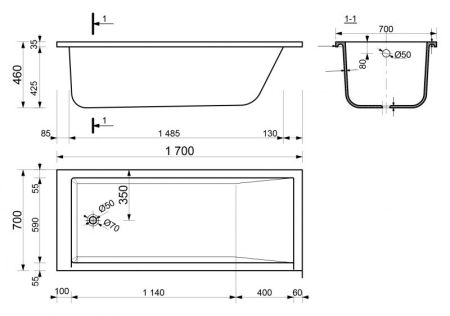 Ванна из искусственного камня Эстет Дельта 170x70 Белая