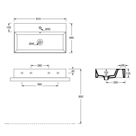 Раковина, Alice, Spy, ширина, мм-810, глубина, мм-460, высота, мм-135, тип установки-подвесной/накладной, отверстия для смесителя-1, с переливом, донный клапан-необходимо заказать, материал-керамика, вид грязеотталкивающего покрытия-Aliglaze+, без креплен