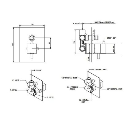 Bongio Domino Q Встраиваемый термостат для душа, на 2 источника, внутренняя+внешняя часть, цвет золото, артикул 43549OR00