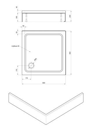 Душевой поддон акриловый Aquatek DPA-0000001 800х800х200 мм, квадрат с ножками и съемной фронтальной панелью (без сифона)