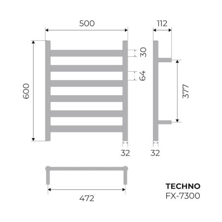 Полотенцесушитель электрический Fixsen TECHNO 600х500 FX-7300, хром, артикул FX-7300