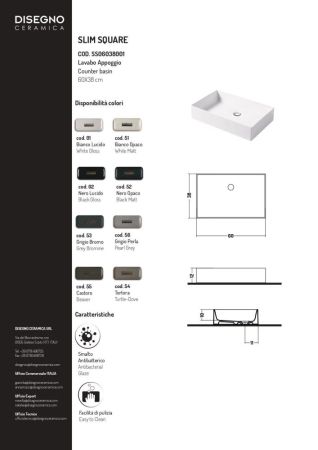 Disegno ceramica Slim, накладная прямоугольная раковина 60х38хh12 см, цвет белый глянцевый, артикул SS06038001