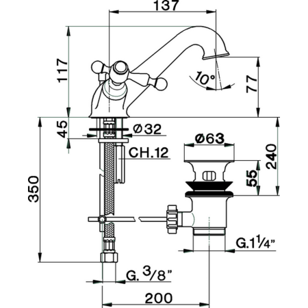 CISAL Arcana America Смеситель для раковины на 1 отверстие, с донным клапаном, цвет золото, артикул AA00051024