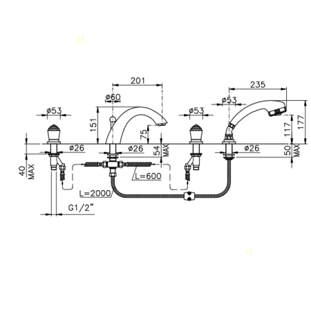 Nicolazzi Cristallo Смеситель на борт ванны на 4 отверстия, излив: 201мм, цвет: хром, артикул 2004CR22