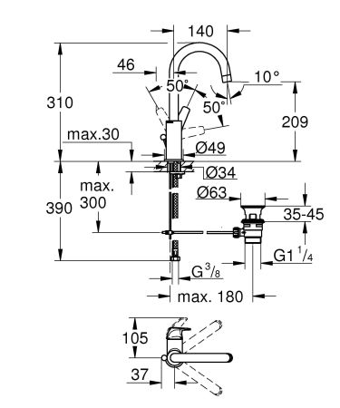 Смеситель для раковины GROHE BauFlow с донным клапаном, L-Size, хром (23753000), артикул 23753000
