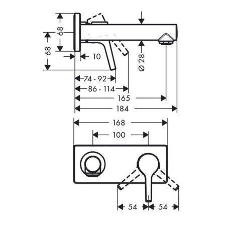 Смеситель для раковины, Hansgrohe, Talis S, тип открывания воды-однорычажный, тип регулирования воды-керамический узел смешивания, тип установки-настенный, отверстия для монтажа-2, вынос излива, мм-165, внутренняя часть-необходимо заказать, цвет-хром, артикул 72110000