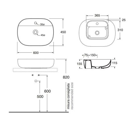 AZZURRA COMODA раковина накладная 60х45х15см с  1  отв. под смеситель , цвет carbone/coal