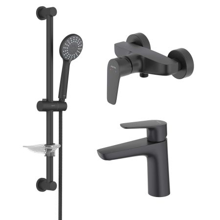 AQ1110MB БЕТТА смеситель для раковины 98, без донного клапана, матовый черный + AQ1160MB БЕТТА смеситель для душа, матовый черный + AQ2013MB БЕТТА душевой гарнитур 3jet 65 см, матовый черный, артикул AQ1131MB
