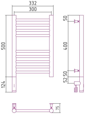 Полотенцесушитель, Сунержа, Богема 3.0, прямая, электрический, ширина, мм-332, глубина, мм-75, высота, мм-624, межосевое расстояние-300, нагревательный элемент-ТЭН, подключение-нижнее слева, электрокомплект-МЭМ, мощность, Вт-300, материал-нержавеющая стал, артикул 12-5804-5030