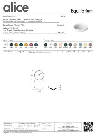 Alice Equilibrium, накладная круглая раковина Ø42х15h см, цвет белый глянцевый, артикул 35100101