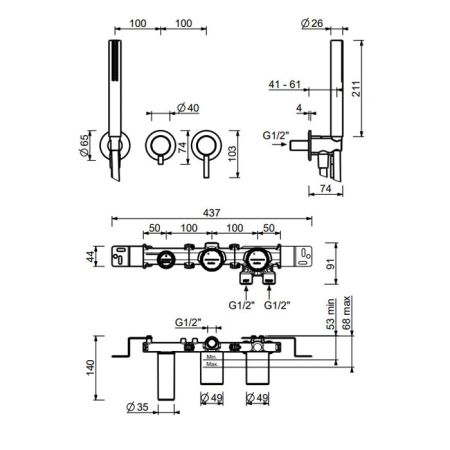 Fantini NOSTROMO Смесители встроенный для душа на 2 потока, ручной душ, цвет: Матовая натуральная сталь (без внутренней части), артикул 50 93 M784B
