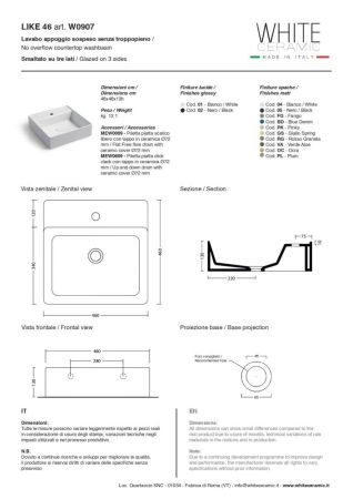 White Ceramic Like, накладная/подвесная прямоугольная раковина с отверстием п/с 46x46x13h см, цвет белый глянцевый, артикул W090701