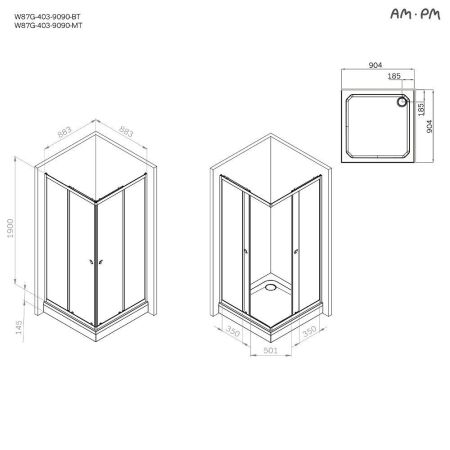 W87G-403-9090-MT Sunny душ огражд квадратн, раздвижн двери 90x90 серебро,стекло прозрачн