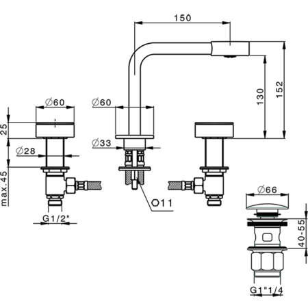 CISAL Slim Смеситель  для раковины на 3 отверстия с донным клапаном, цвет черный матовый