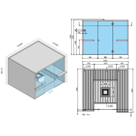 Effegibi Air 120 Био-Сауна 283x252xh213см, отделка: осина натуральная, артикул BI 90 12 0001