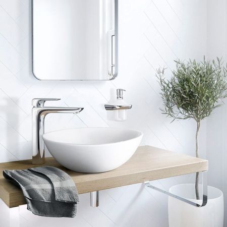 Смеситель для раковины, Kludi, Ameo, тип открывания воды-однорычажный, тип регулирования воды-керамический картридж, монтаж-на раковину/столешницу, отверстия для монтажа-1, высота, мм-335, вынос излива, мм-170, донный клапан-отсутствует, тип подводки-гибк, артикул 412980575