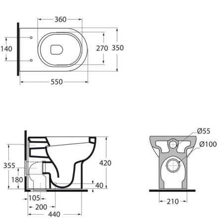 AZZURRA NUVOLA Унитаз напольный приставной 55х35см, слив в стену, цвет белый, с креплением VFV, артикул NUVCTP000000BI/(NUV100/P bi)