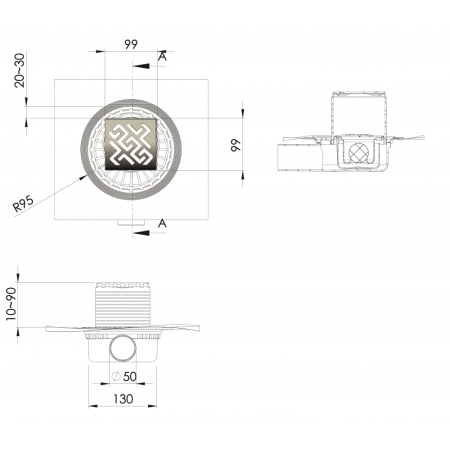 Трап BERGES водосток ZENTRUM Antik 100х100, матовый хром, выпуск D50 H65 боковой, артикул 090364