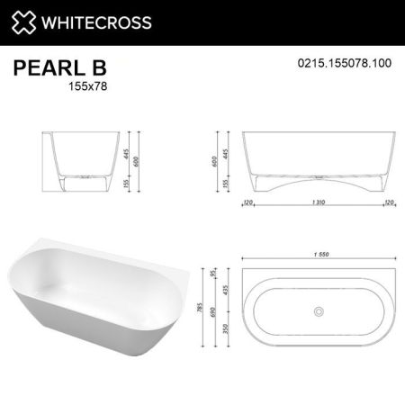 Ванна WHITECROSS Pearl B 155x78 (белый глянец) иск. камень, артикул 0215.155078.100