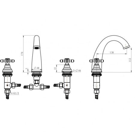 Смеситель для раковины на 3 отверстия TRADIZIONALE ORO