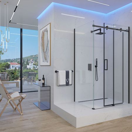 Душевой угол Veconi Rovigo RV-074B, 1500х900х1950 черный, стекло прозрачное, артикул RV074B-15090-01-C4