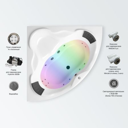 Гидромассажный комплект с хромотерапией 5 в 1 Lavinia Boho Elegant 36191H0C, акриловая ванна 140x140 см, каркас с монтажным набором, подголовник, хромотерапия, гидромассаж, артикул 36191H0C