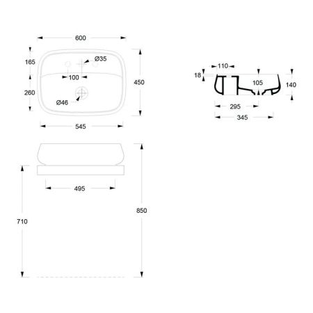 Раковина, Alice, NUR, Plan, ширина, мм-600, глубина, мм-450, высота, мм-150, тип установки-накладной (настольный), отверстия для смесителя-1, без перелива, донный клапан-необходимо заказать, материал-керамика, вид грязеотталкивающего покрытия-Aliglaze+, ц