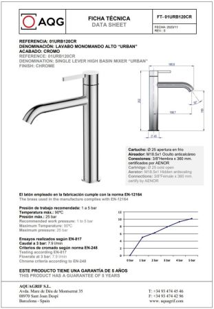 AQG Urban, высокий однорычажный смеситель для раковины без донного клапана, цвет хром, артикул 01URB120CR