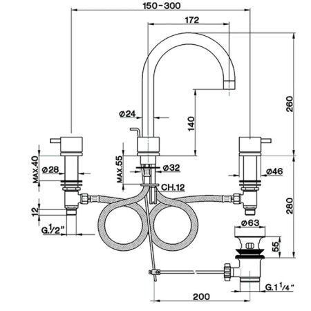 Смеситель для раковины, Cisal, Less New, тип открывания воды-двухвентильный, отверстия для монтажа-3, высота, мм-260, вынос излива, мм-172, донный клапан-есть, цвет-хром, артикул LN00106021