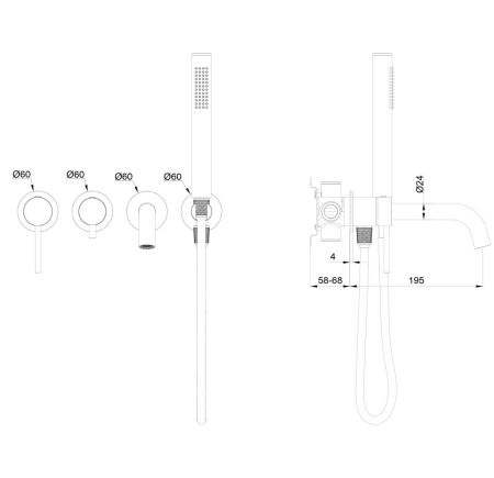 Смеситель для ванны встраиваемый WONZON & WOGHAND STICK, Брашированный никель (WW-889017-BN)