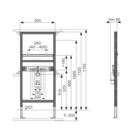 Инсталляция, TECE, ТЕСЕprofil, назначение-для раковины, ширина, мм-500, глубина, мм-90, высота, мм-1153, материал-металл, тип установки-встраиваемый, без креплений, артикул 9310000