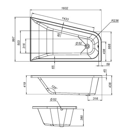 W72A-160R100W-A2 Ванна акриловая spirit  ассиметричная 160x100, без слива/перелива, правосторонняя, артикул W72A-160R100W-A2