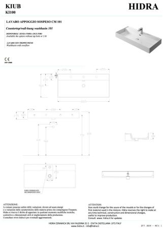 Hidra Kiub, накладная/подвесная прямоугольная раковина 101x46x12h см, цвет белый глянцевый, артикул KI100/001