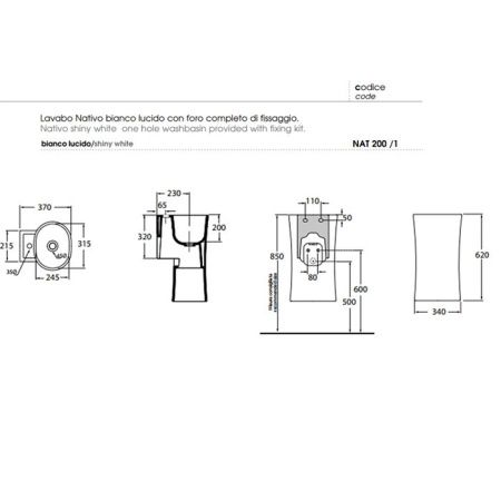 Azzurra Nativo Раковина подвесная 35х37хh62см с 1 отв. под смеситель, с креплением, цвет белый