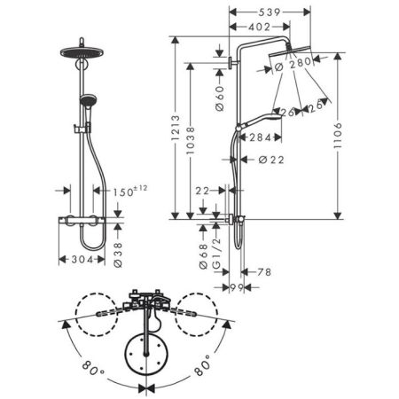 Душевая стойка, Hansgrohe, Croma Select S, смеситель-в комплекте, тип регулирования воды-термостатический картридж, верхний душ-есть, форма верхнего душа-круглая, размер верхнего душа-280 мм, держатель верхнего душа-есть, вынос, мм-402, количество режимов, артикул 26890700